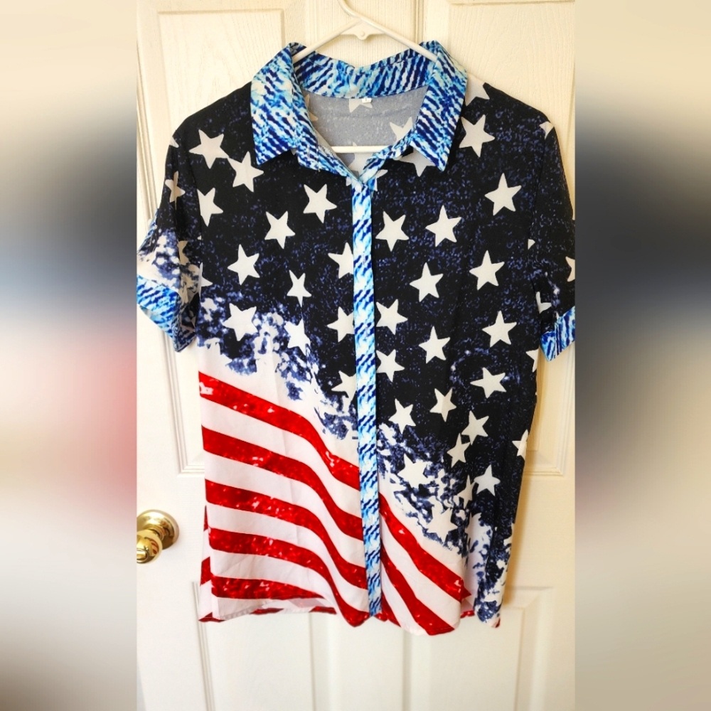 American flag button down collared womens shirt